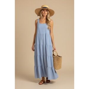 Black Bow‎ Blue Tiered Maxi Dress Size Small Coastal Boho Summer Square Neck